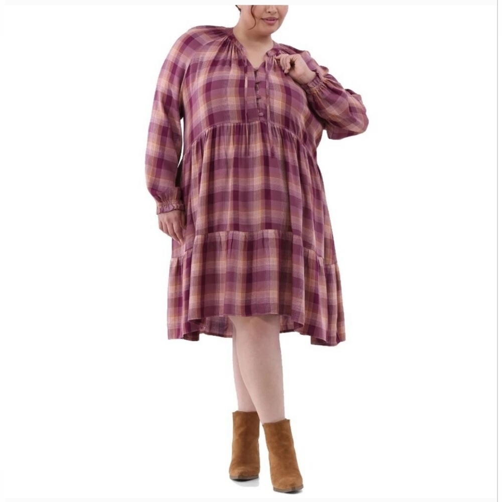 Terra & Sky Tiered Peasant Dress Size 2X Plum Plaid Pockets Business Casual Boho